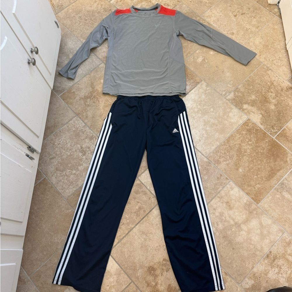 Set of YL Adidas Navy Striped Pants & Nike Grey & Orange long sleeved shirt